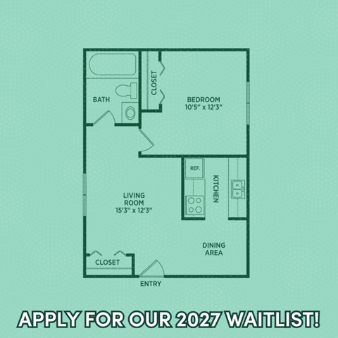 Floor plan for 1 bed, 1 bath, 586 sqft